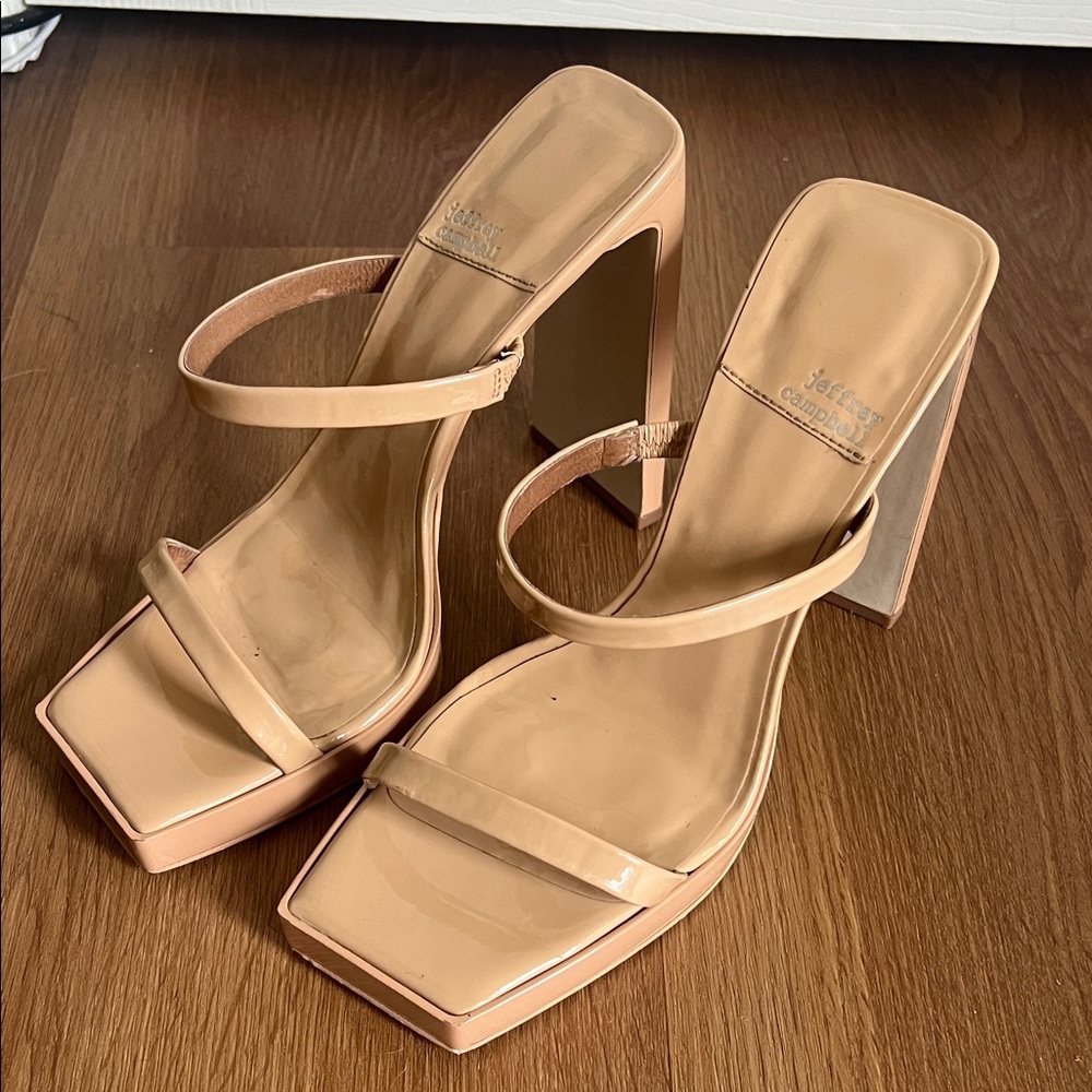 Jeffrey Campbell Blush Patent Square-Toe Double-Strap Block Heels